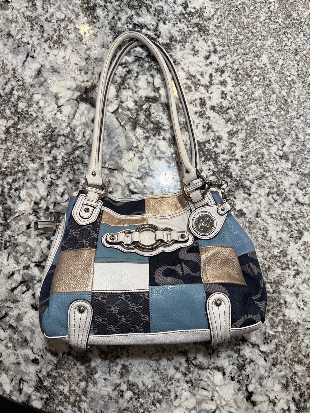 Sophia Caperelli white, silver, bronze, navy and light blue patchwork bag